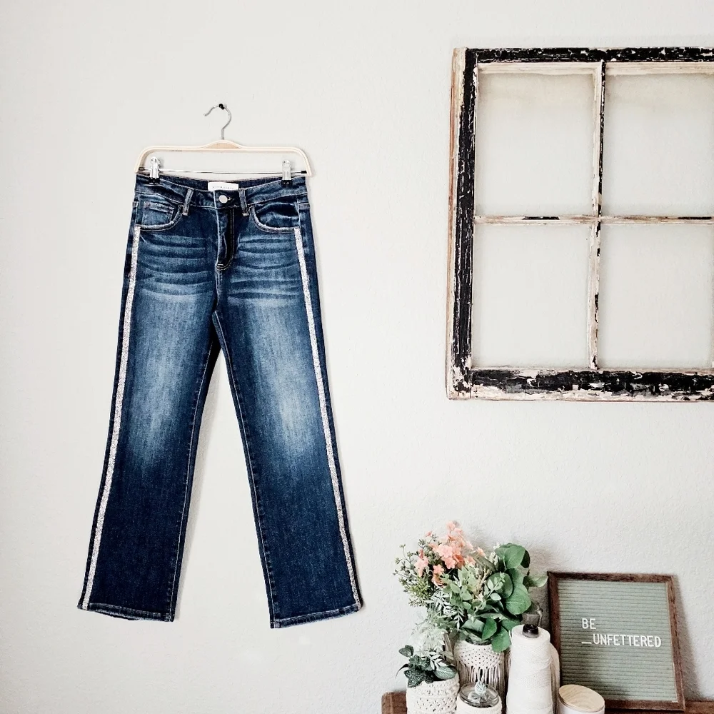 Risen High Rise Dark Wash Rhinestone Embellished Seam Straight Ankle Jeans 7/28 - Picture 2 of 13